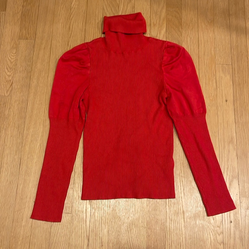 Anthropologie Red Ribbed Puff-Sleeve Turtleneck Sweater